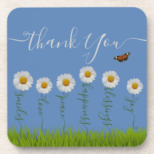 Blue Whimsical Daisy Thank You Floral Thanksgiving Beverage Coaster