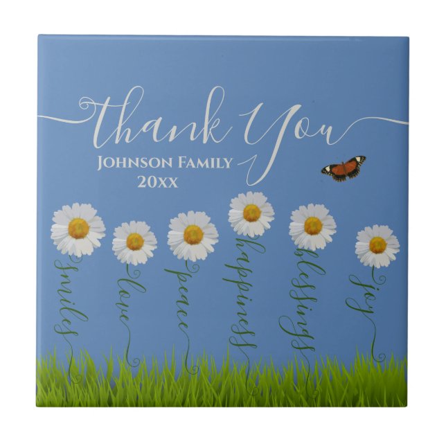 Blue Whimsical Daisy Thank You Floral Thanksgiving Ceramic Tile (Front)