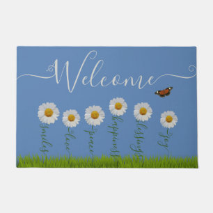 Blue Whimsical Daisy Thank You Floral Thanksgiving Doormat