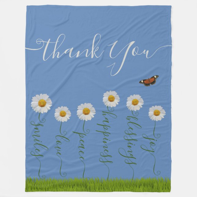 Blue Whimsical Daisy Thank You Floral Thanksgiving Fleece Blanket (Front)