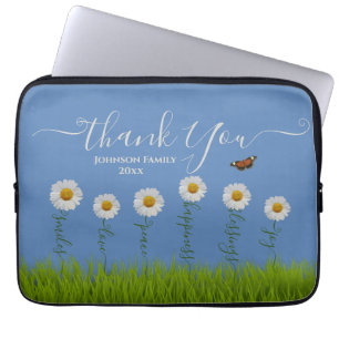 Blue Whimsical Daisy Thank You Floral Thanksgiving Laptop Sleeve