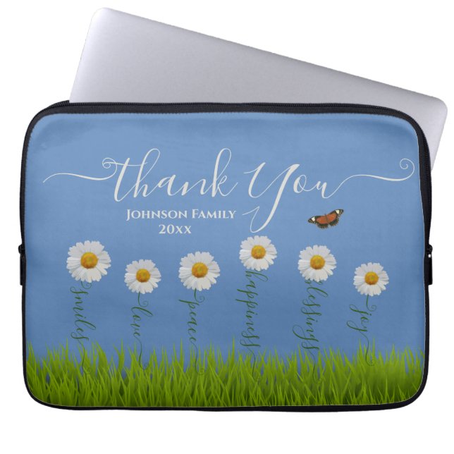 Blue Whimsical Daisy Thank You Floral Thanksgiving Laptop Sleeve (Front)