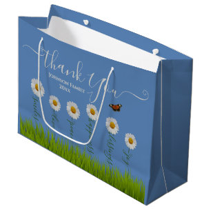 Blue Whimsical Daisy Thank You Floral Thanksgiving Large Gift Bag