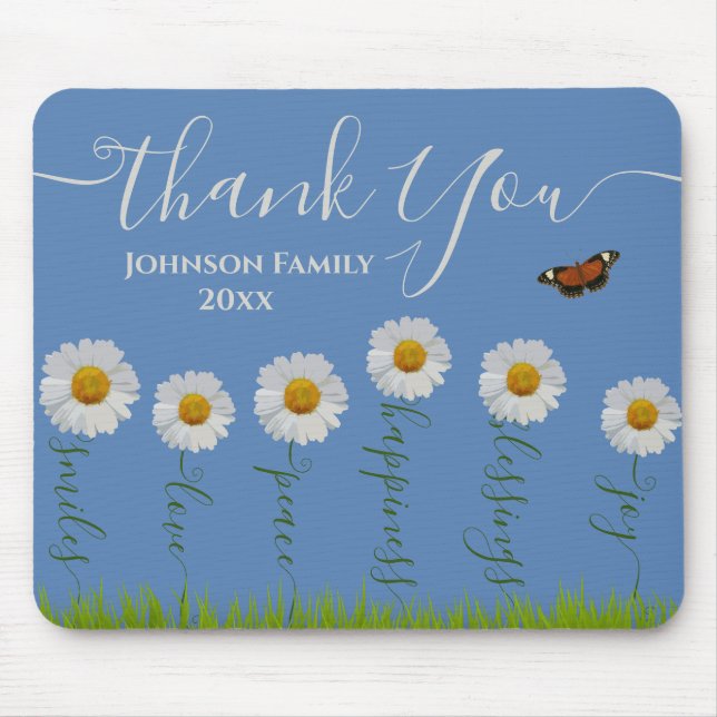 Blue Whimsical Daisy Thank You Floral Thanksgiving Mouse Pad (Front)