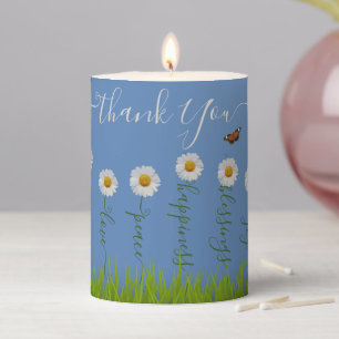 Blue Whimsical Daisy Thank You Floral Thanksgiving Pillar Candle