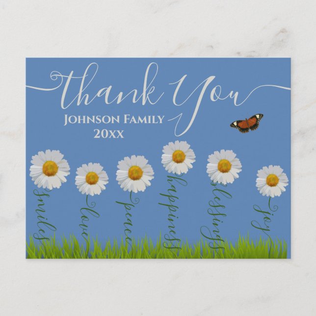 Blue Whimsical Daisy Thank You Floral Thanksgiving Postcard (Front)