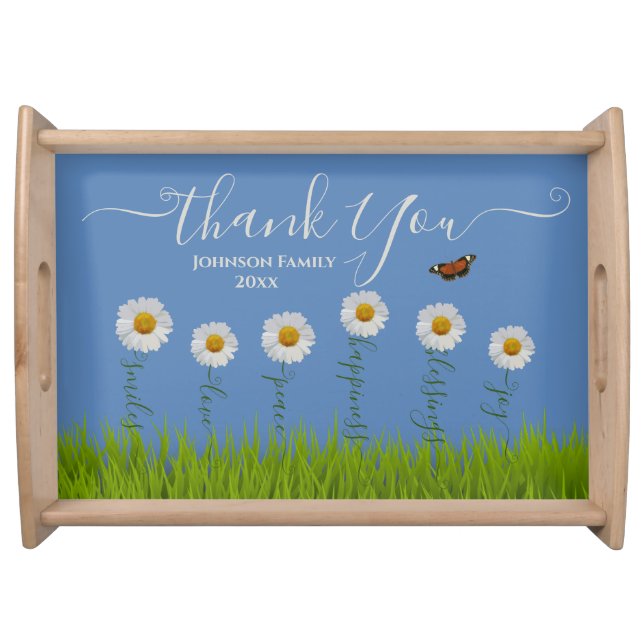 Blue Whimsical Daisy Thank You Floral Thanksgiving Serving Tray (Front)