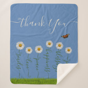 Blue Whimsical Daisy Thank You Floral Thanksgiving Sherpa Blanket