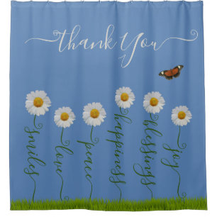 Blue Whimsical Daisy Thank You Floral Thanksgiving Shower Curtain
