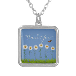 Blue Whimsical Daisy Thank You Floral Thanksgiving Silver Plated Necklace