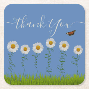 Blue Whimsical Daisy Thank You Floral Thanksgiving Square Paper Coaster