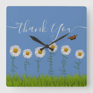 Blue Whimsical Daisy Thank You Floral Thanksgiving Square Wall Clock