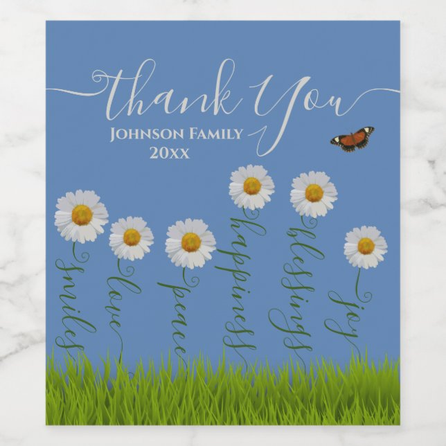 Blue Whimsical Daisy Thank You Floral Thanksgiving Wine Label (Single Label)