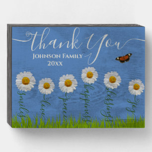 Blue Whimsical Daisy Thank You Floral Thanksgiving Wooden Box Sign