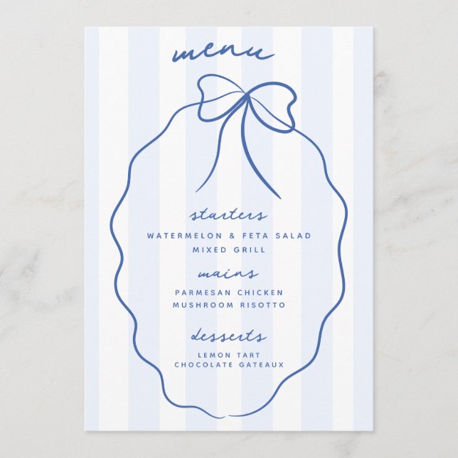 Blue Whimsical Doodle Bow Wedding Menu (Front)