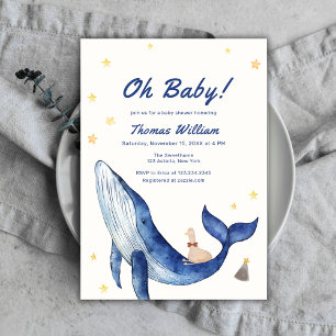Blue Whimsical Duckling Star Whale Baby Shower Invitation