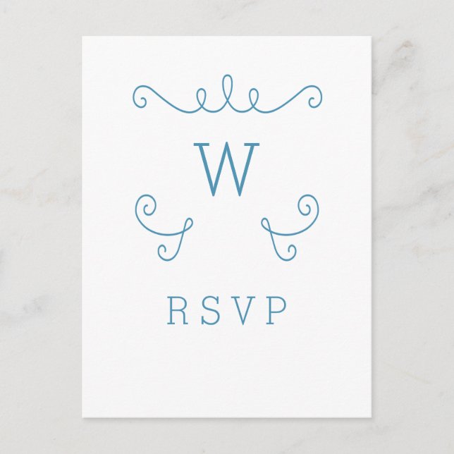 Blue Whimsical Flourish Monogram RSVP Postcard (Front)