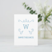 Blue Whimsical Flourish Save the Date Postcard (Standing Front)