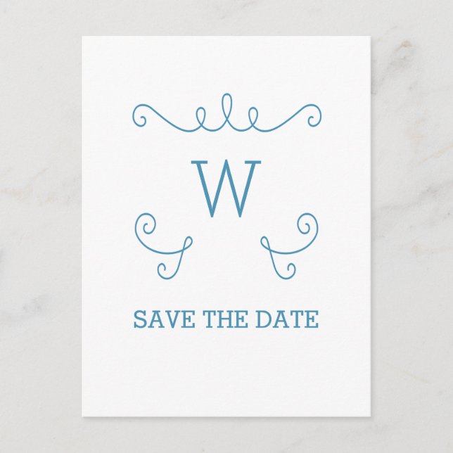 Blue Whimsical Flourish Save the Date Postcard (Front)