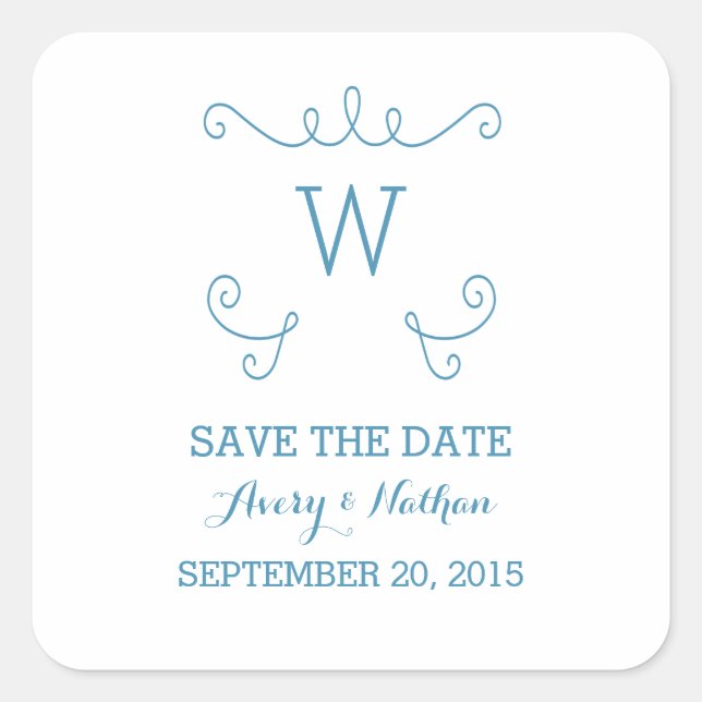 Blue Whimsical Flourish Save the Date Stickers (Front)