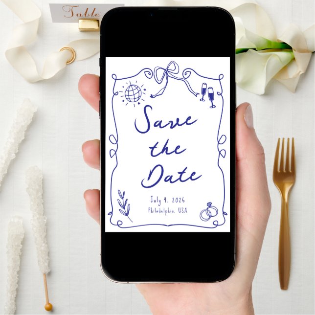 Blue Whimsical Fun Quirky Hand drawn Wedding Save The Date (Front Digital)