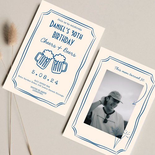 Blue Whimsical Funky Cheers Beers 30 th Birthday 