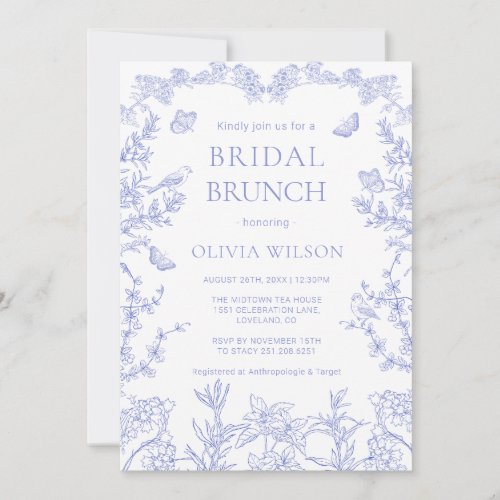 Blue whimsical Garden Chinoiserie Bridal Brunch  Invitation