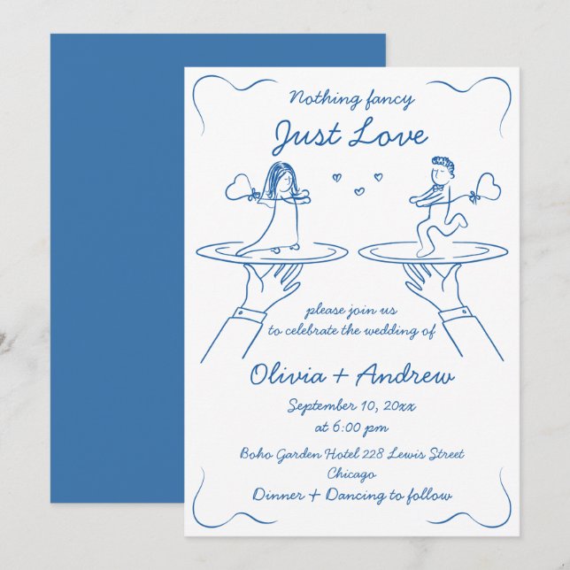 Blue Whimsical Hand Drawn Handwritten  Wedding Invitation (Front/Back)