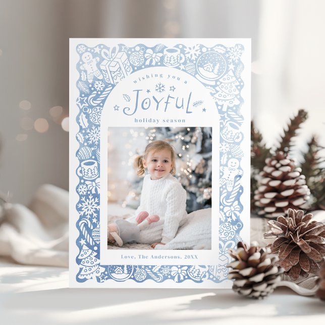 Blue Whimsical Hand Drawn Joyful Holiday Photo Card (Blue Whimsical Hand Drawn Joyful Holiday Photo)