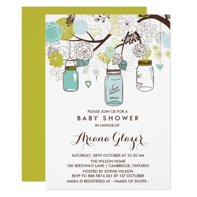 Blue Whimsical Mason Jars Baby Shower Invitation