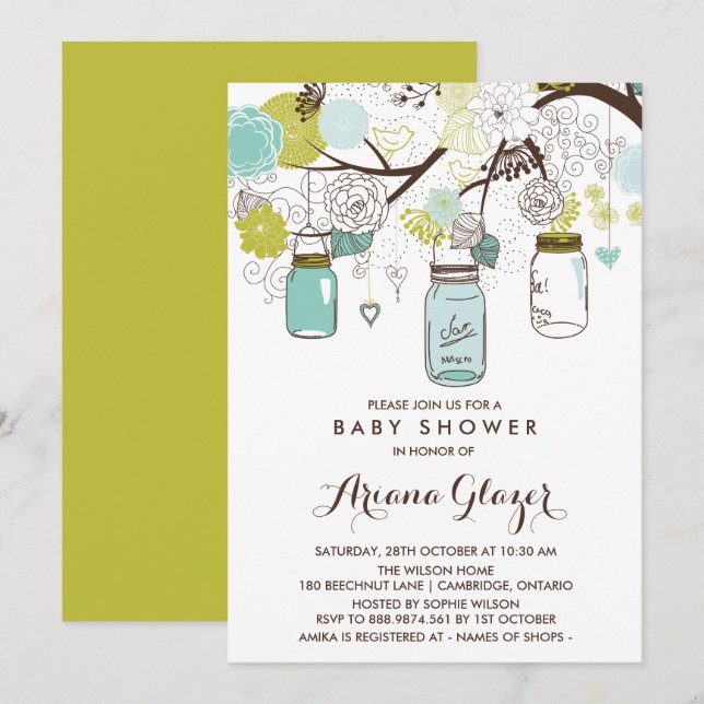 Blue Whimsical Mason Jars Baby Shower Invitation (Front/Back)