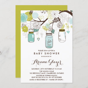 Blue Whimsical Mason Jars Baby Shower Invitation
