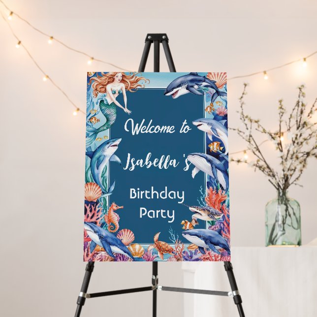 Blue whimsical mermaid whale fish shark birthday  foam board (In Situ (Stand))