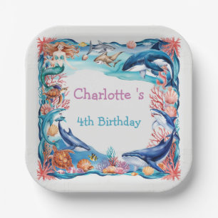 Blue whimsical mermaid whale fish shark birthday  paper plates