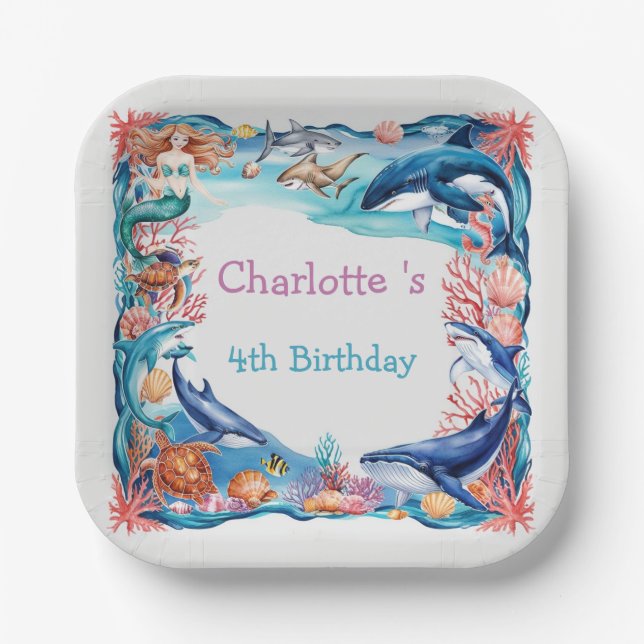 Blue whimsical mermaid whale fish shark birthday  paper plates (Front)