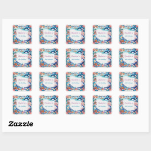 Blue whimsical mermaid whale fish shark birthday square sticker