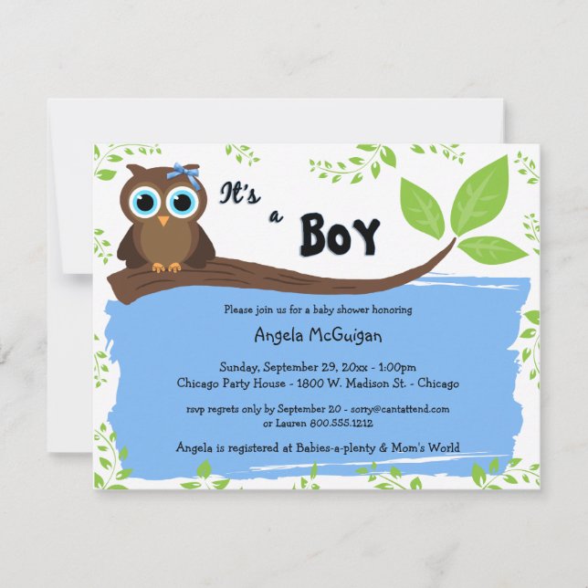 Blue Whimsical Owl Baby Shower Invite (Front)
