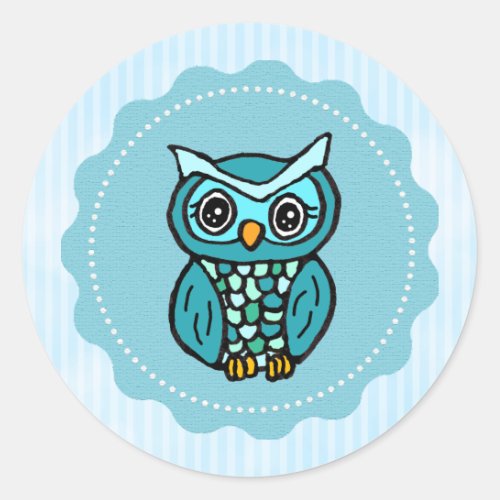 Blue Whimsical Owl Classic Round Sticker