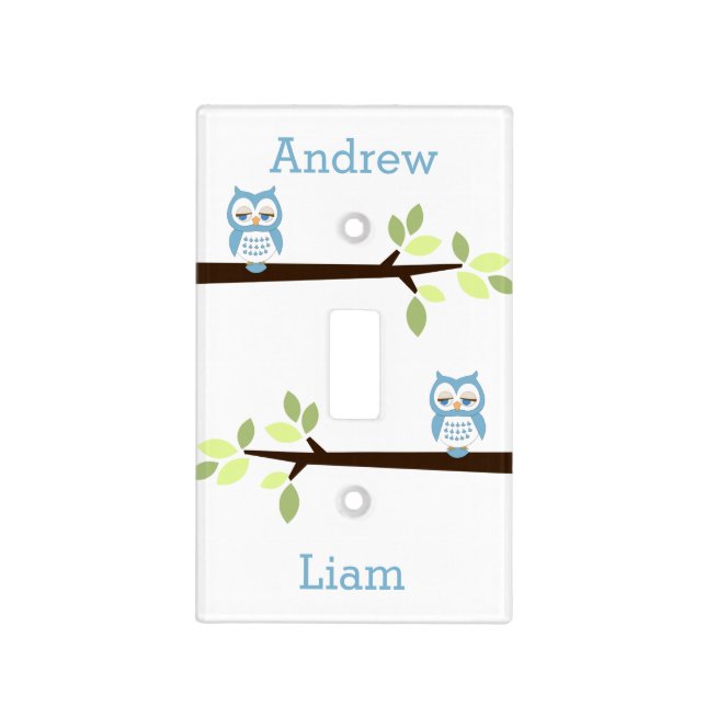 Blue Whimsical Owl Twin Boys Light Switch Cover (Front)