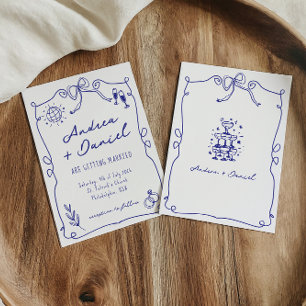 Blue Whimsical Quirky Hand drawn Wedding Invitation