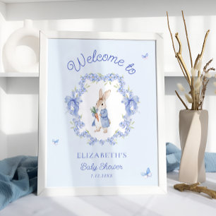 Blue Whimsical Rabbit Baby Shower Welcome Poster