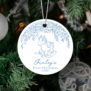 Blue Whimsical rocking horse Baby's 1st Christmas Ceramic Ornament