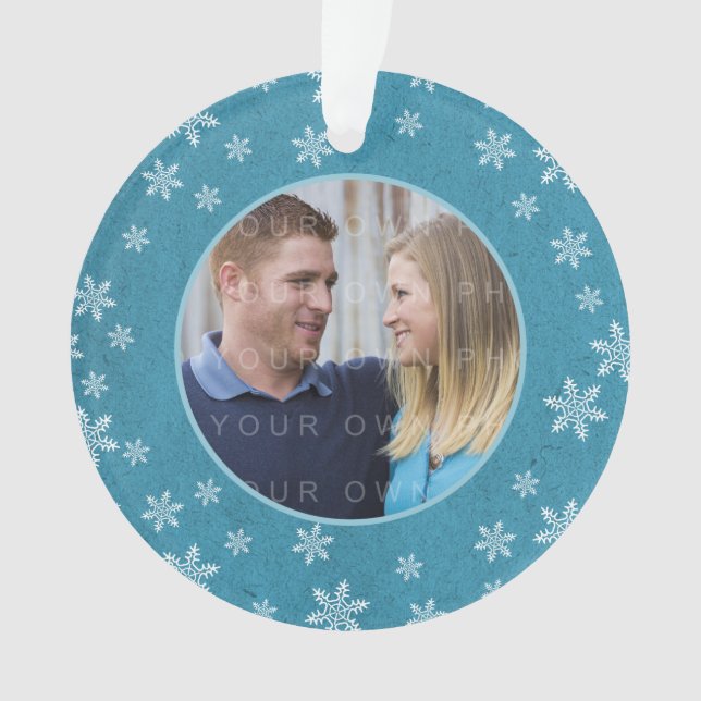 Blue Whimsical Snowflakes Holiday Photo Ornament (Front)