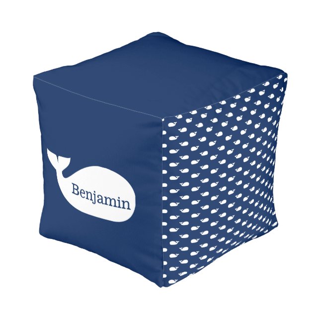 Blue Whimsical Whale Personalized Children's Pouf (Angled Front)