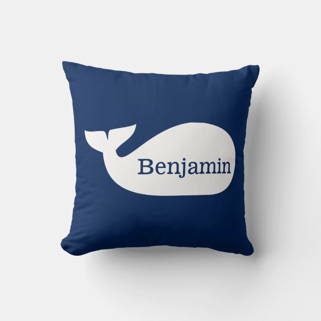 Blue Whimsical Whale Personalized Children's Throw Pillow (Front)
