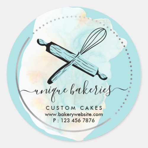 Blue Whisk Rolling Pin Bakery Stylish Pastries Classic Round Sticker