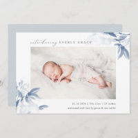 Blue Whisper Floral Photo Birth Announcement