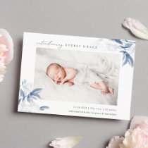 Blue Whisper Floral Photo Birth Announcement