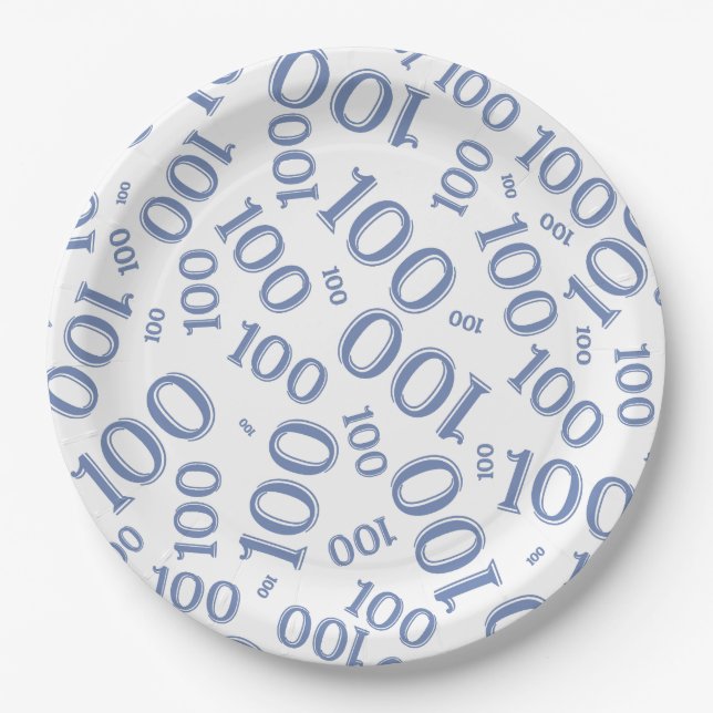 Blue/White 100th Birthday Party Number Pattern Paper Plates (Front)