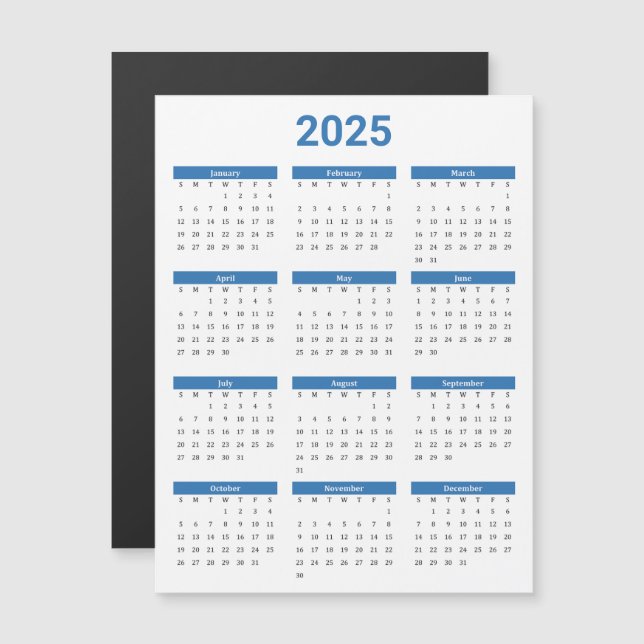 Blue & White 2025 Yearly Calendar Magnetic Card (Front/Back)